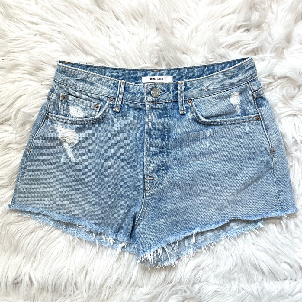 GRLFRND Denim Cindy high rise jean shorts Sz 27 raw hem distressed